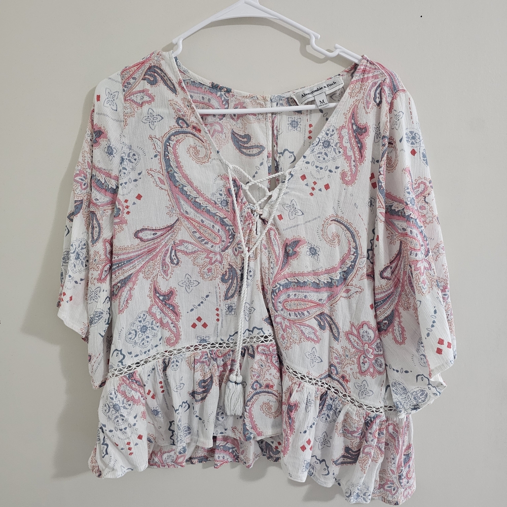 Abercrombie & Fitch Paisley Lace-Up Blouse - White and Pink